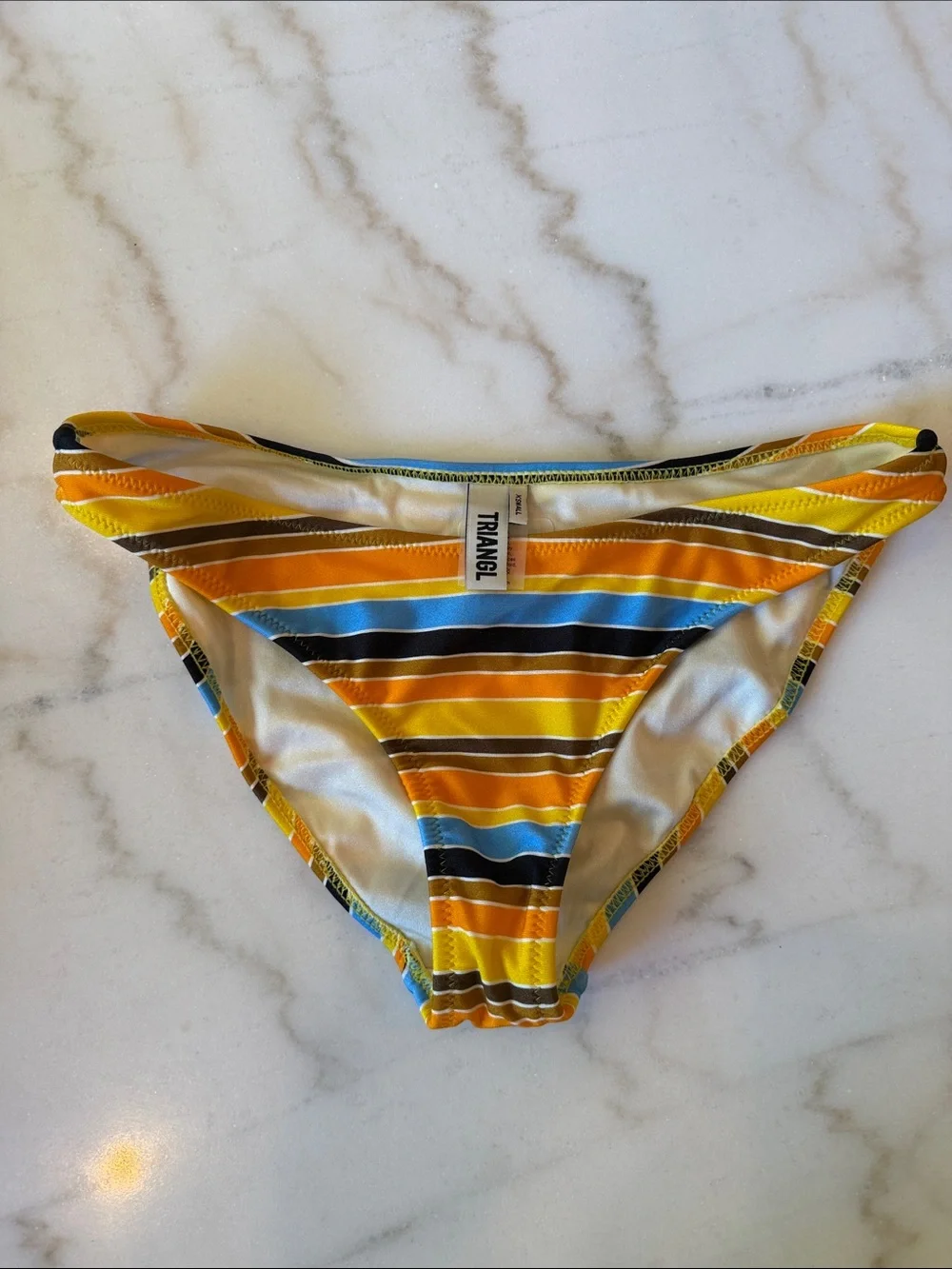 Beautiful triangl swimwear Yellow Orange Blue Striped Bikini top (s) Bottom (xs)